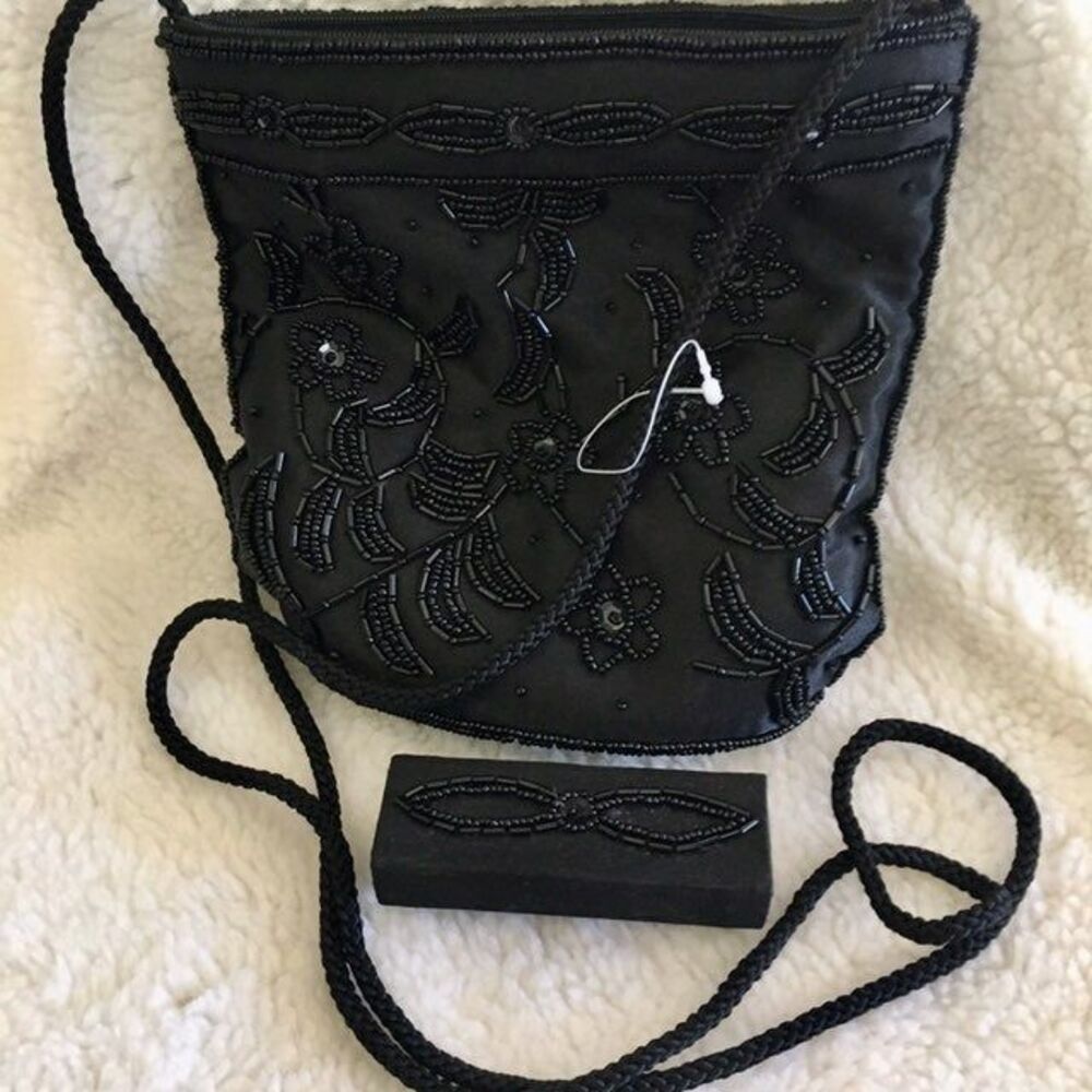 NEW! Beaded Satin Evening Bag w/Lipstick